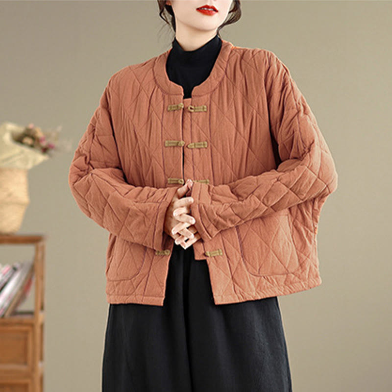 Women's Plain Cotton-padded Tai Chi Zen Long Sleeve Jacket With Pockets