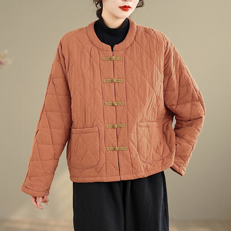 Women's Plain Cotton-padded Tai Chi Zen Long Sleeve Jacket With Pockets