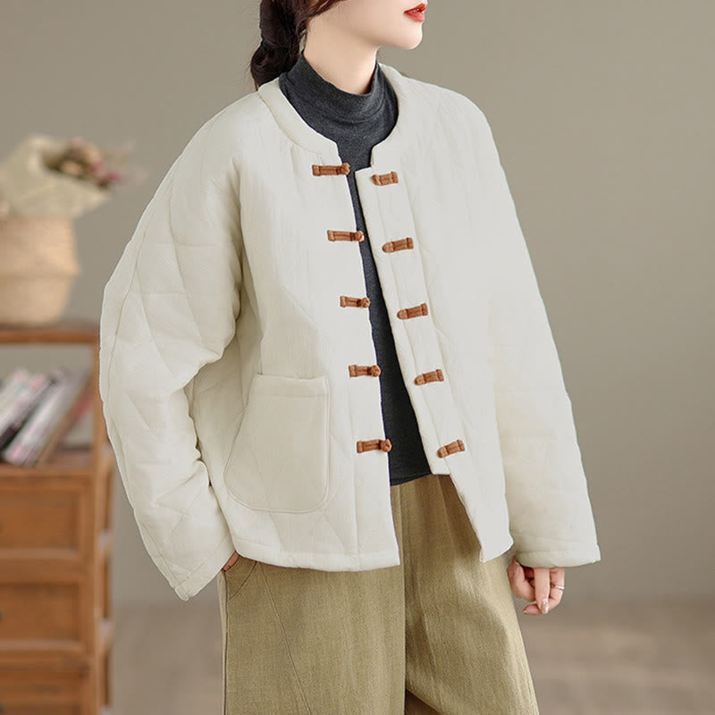 Women's Plain Cotton-padded Tai Chi Zen Long Sleeve Jacket With Pockets