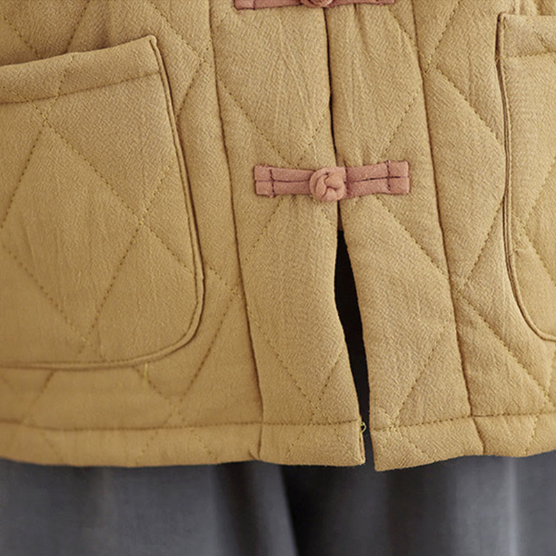 Women's Plain Cotton-padded Tai Chi Zen Long Sleeve Jacket With Pockets