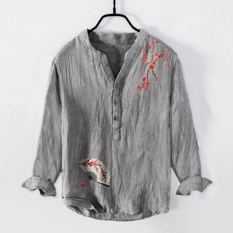 Tactile Cotton Linen Stand Collar Mindful Print Men's Shirt