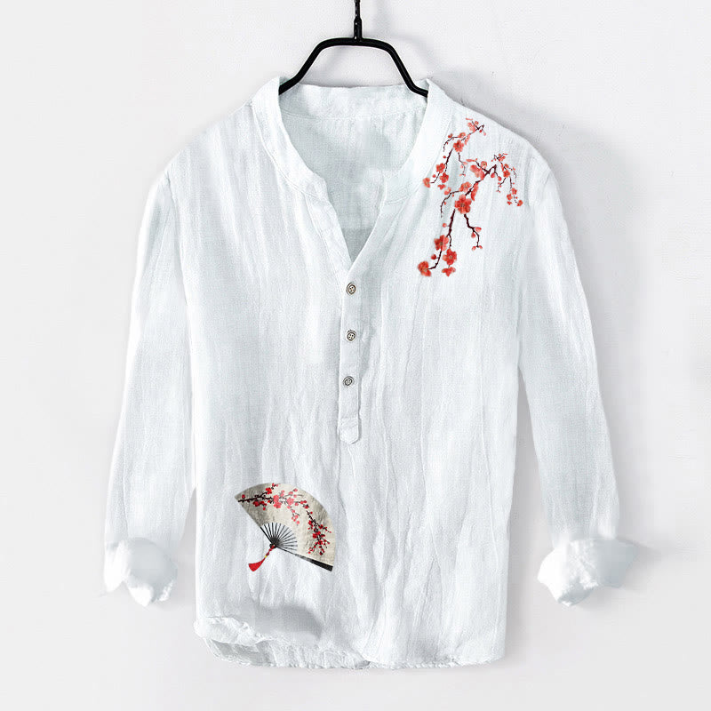 Tactile Cotton Linen Stand Collar Mindful Print Men's Shirt