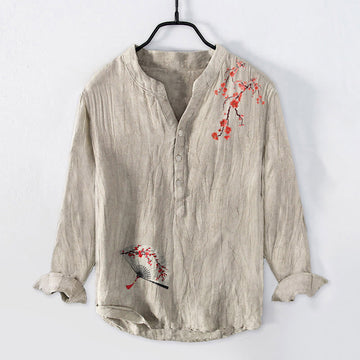 Tactile Cotton Linen Stand Collar Mindful Print Men's Shirt