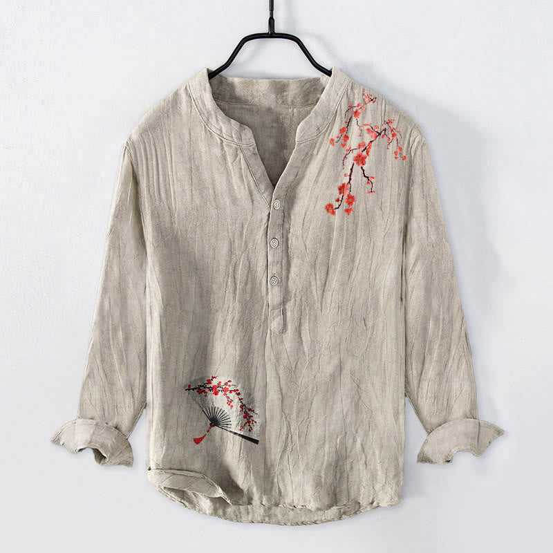 Tactile Cotton Linen Stand Collar Mindful Print Men's Shirt