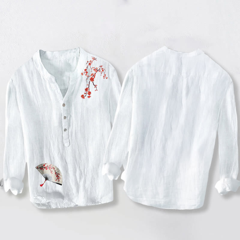 Tactile Cotton Linen Stand Collar Mindful Print Men's Shirt