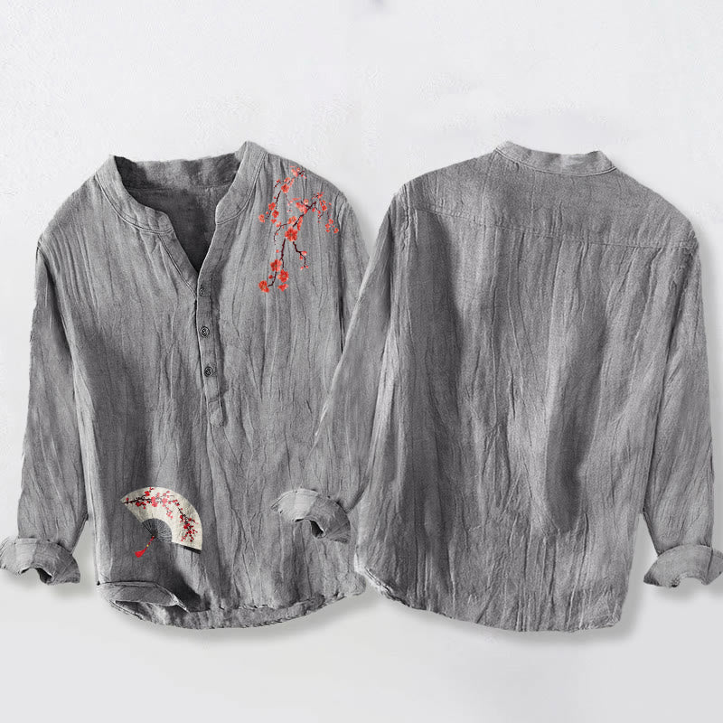 Tactile Cotton Linen Stand Collar Mindful Print Men's Shirt