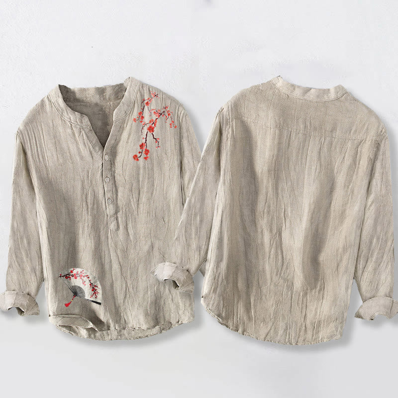 Tactile Cotton Linen Stand Collar Mindful Print Men's Shirt