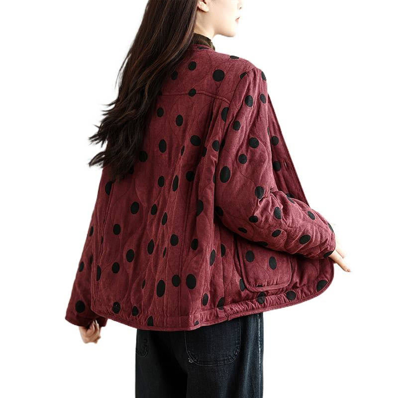 Women's Reversible Design Dot Pattern Long Sleeve Thermal Cotton Jacket With Pockets