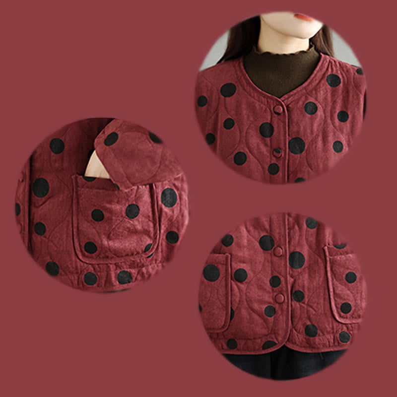 Women's Reversible Design Dot Pattern Long Sleeve Thermal Cotton Jacket With Pockets