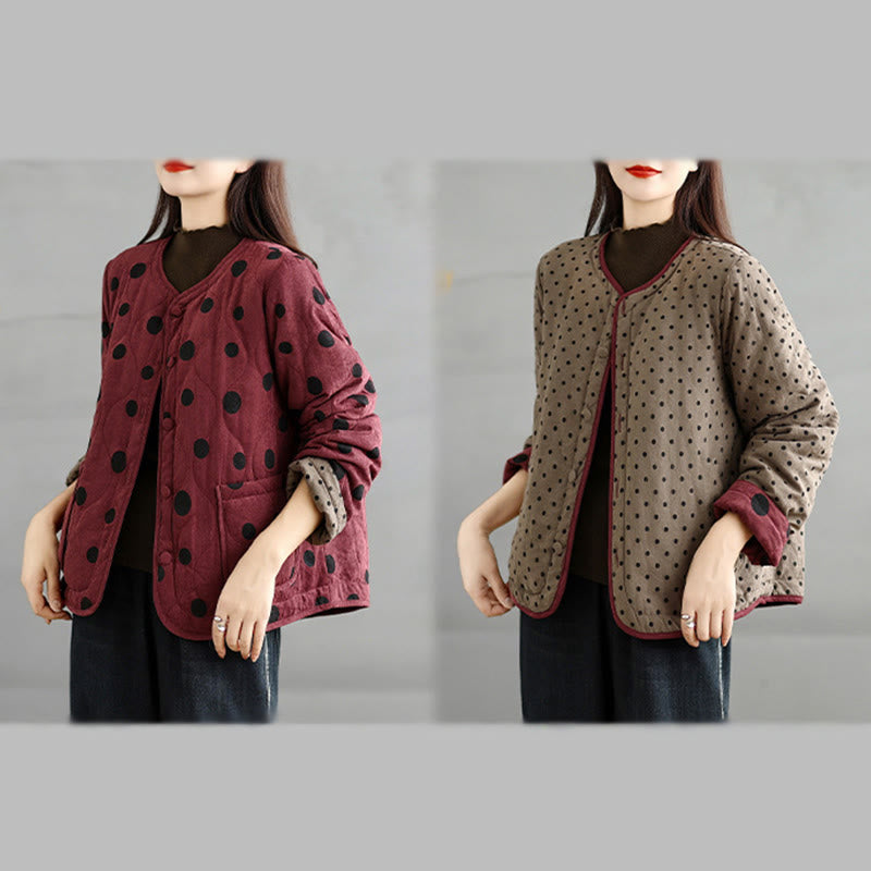 Women's Reversible Design Dot Pattern Long Sleeve Thermal Cotton Jacket With Pockets