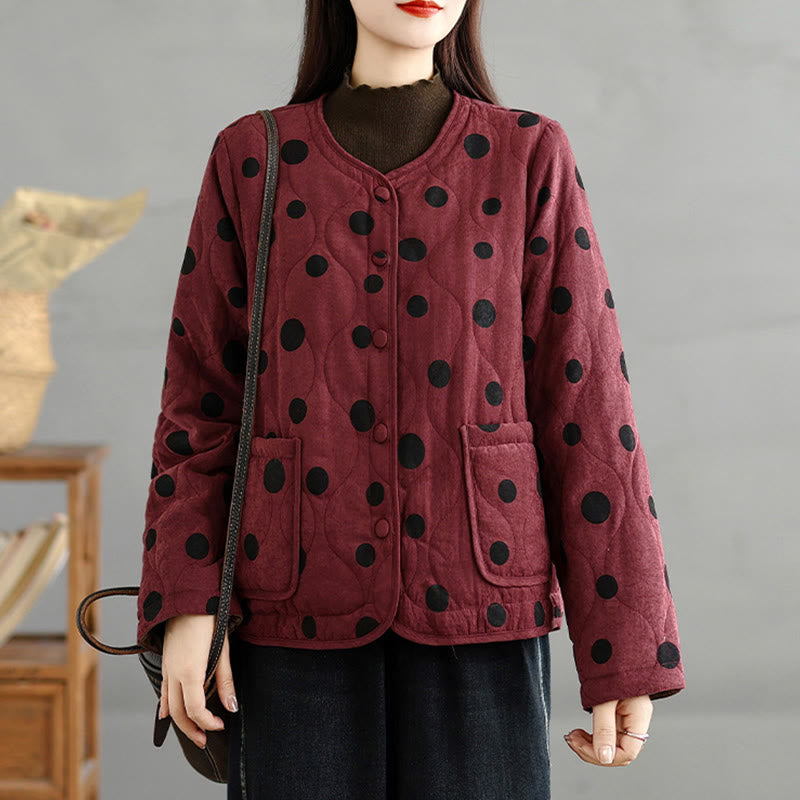 Women's Reversible Design Dot Pattern Long Sleeve Thermal Cotton Jacket With Pockets