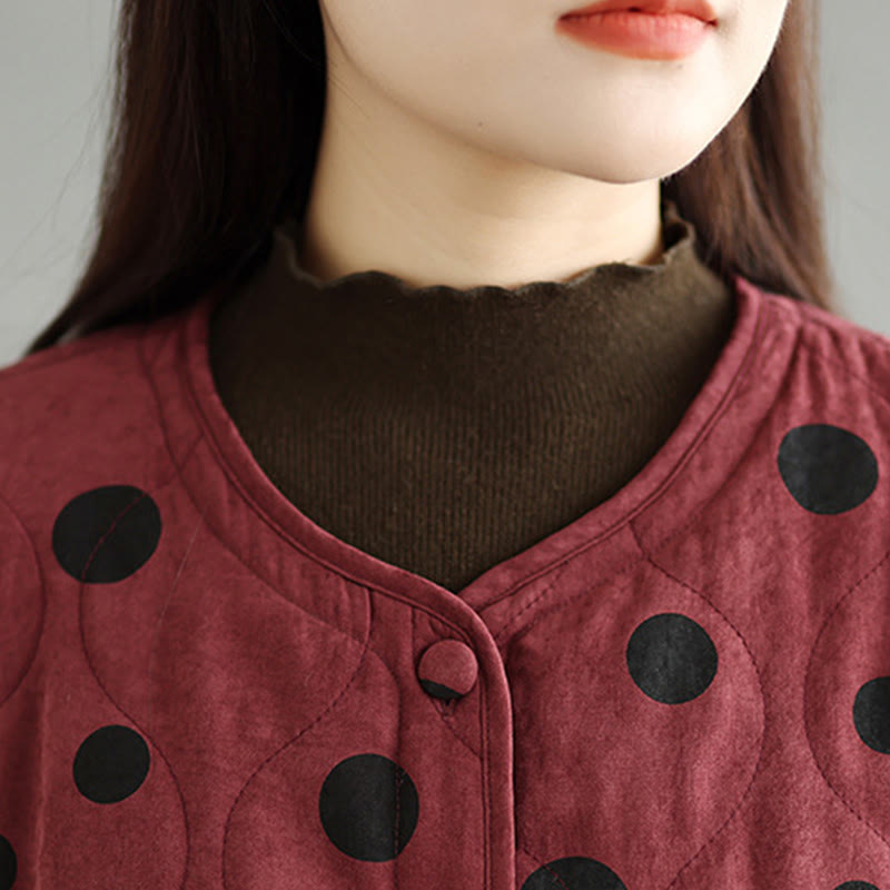 Women's Reversible Design Dot Pattern Long Sleeve Thermal Cotton Jacket With Pockets