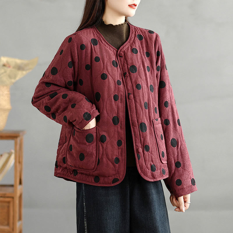 Women's Reversible Design Dot Pattern Long Sleeve Thermal Cotton Jacket With Pockets