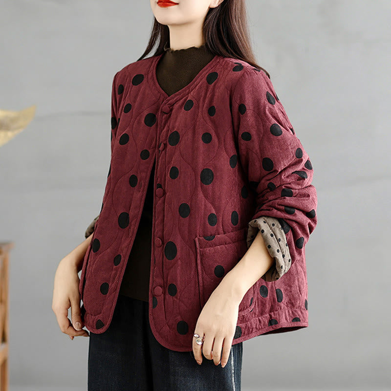 Women's Reversible Design Dot Pattern Long Sleeve Thermal Cotton Jacket With Pockets