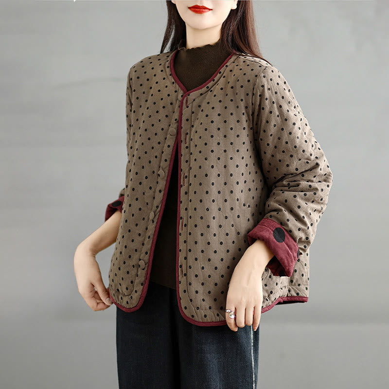 Women's Reversible Design Dot Pattern Long Sleeve Thermal Cotton Jacket With Pockets