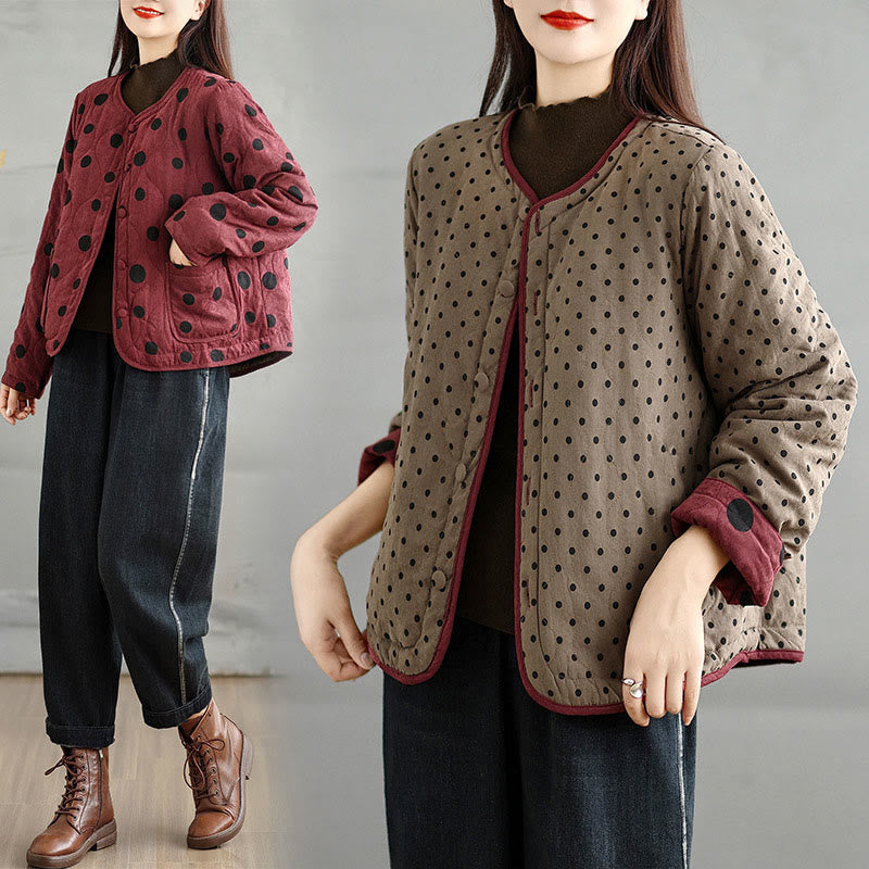 Women's Reversible Design Dot Pattern Long Sleeve Thermal Cotton Jacket With Pockets