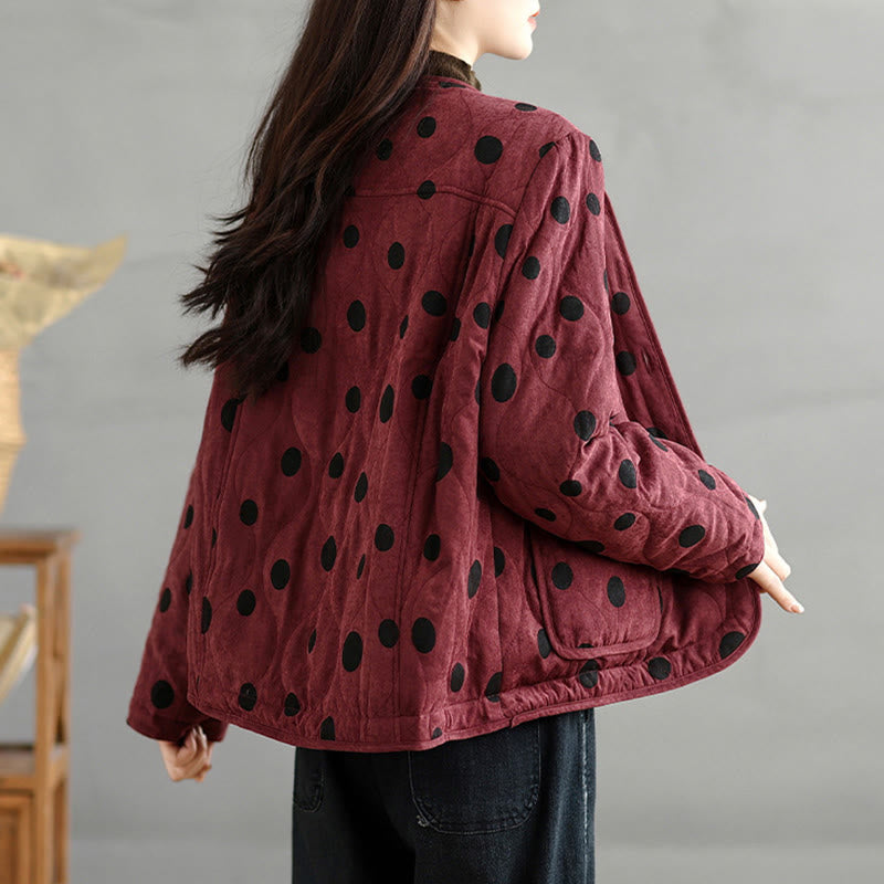 Women's Reversible Design Dot Pattern Long Sleeve Thermal Cotton Jacket With Pockets
