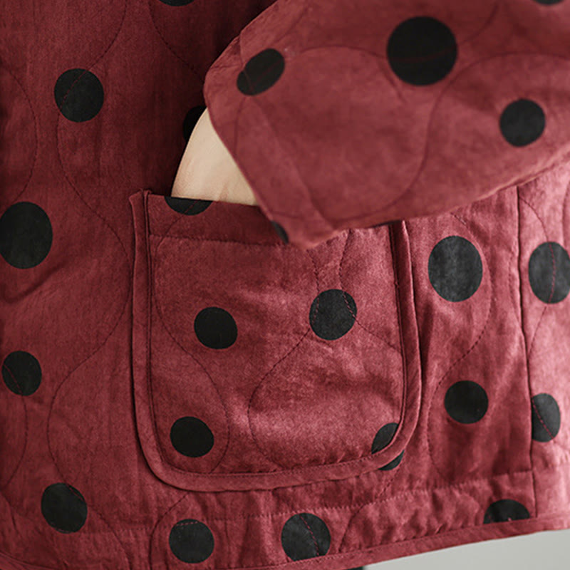 Women's Reversible Design Dot Pattern Long Sleeve Thermal Cotton Jacket With Pockets