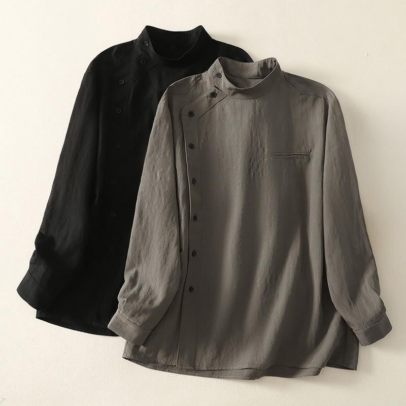 Lightweight Cotton Stand-Collar Frog-Button Mindful Shirt