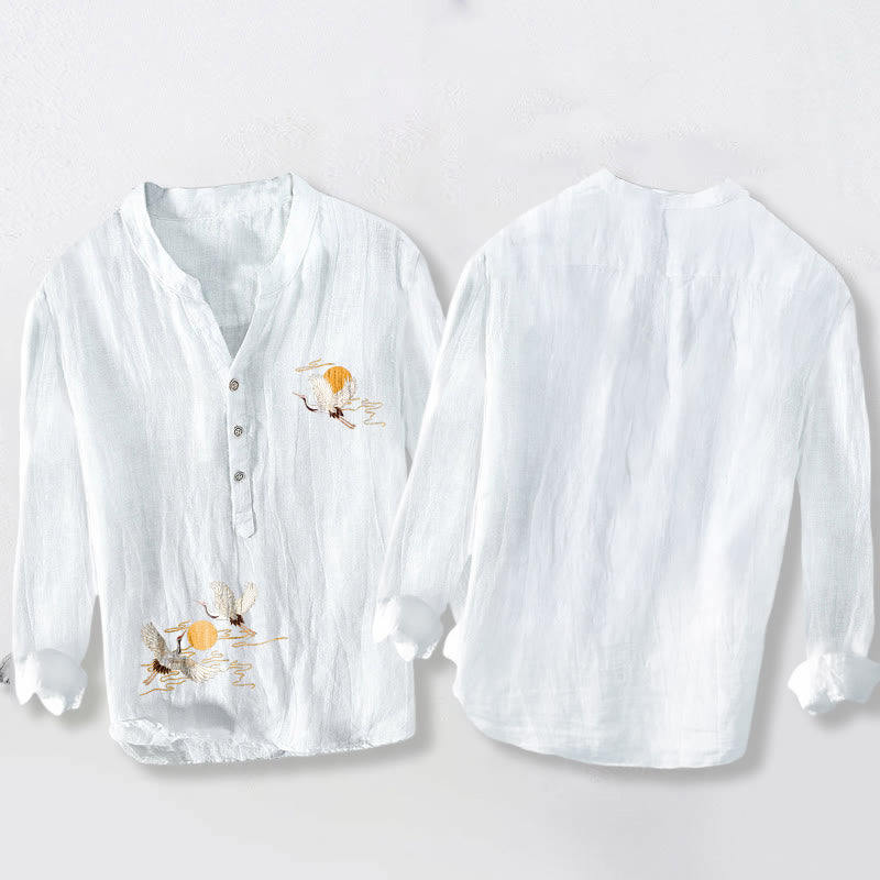 Cotton Linen Stand Collar Crane Print Men's Meditation Shirt