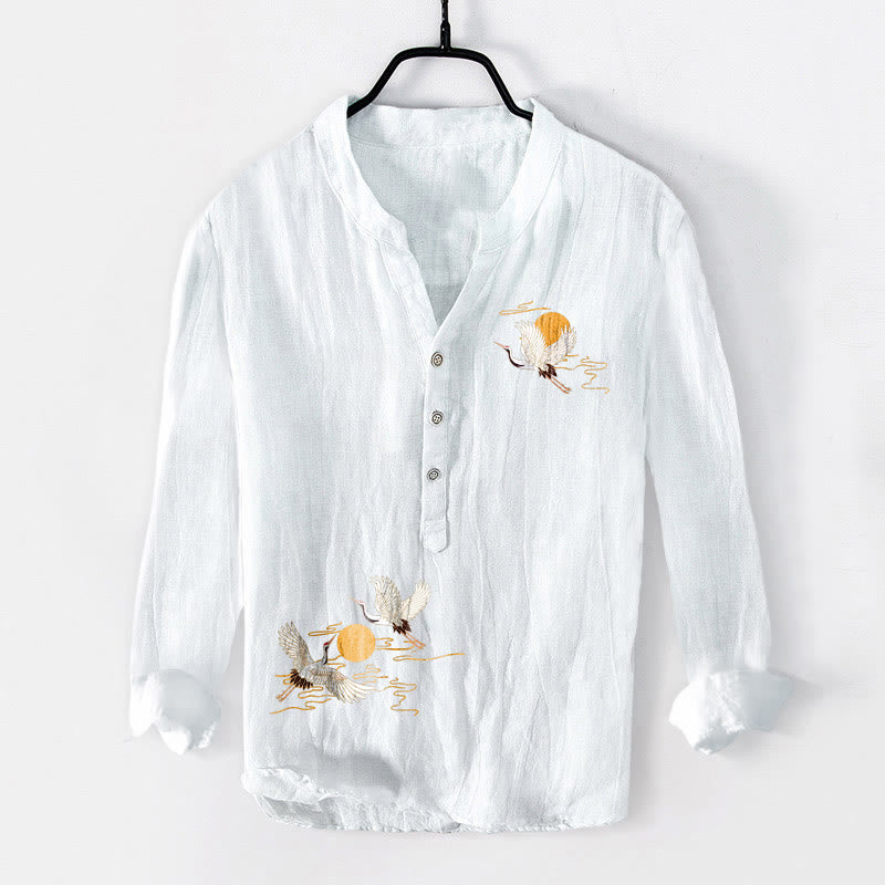 Cotton Linen Stand Collar Crane Print Men's Meditation Shirt