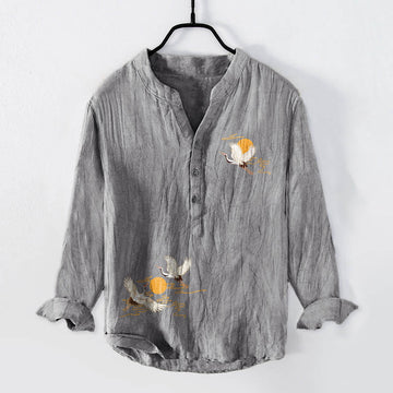 Cotton Linen Stand Collar Crane Print Men's Meditation Shirt