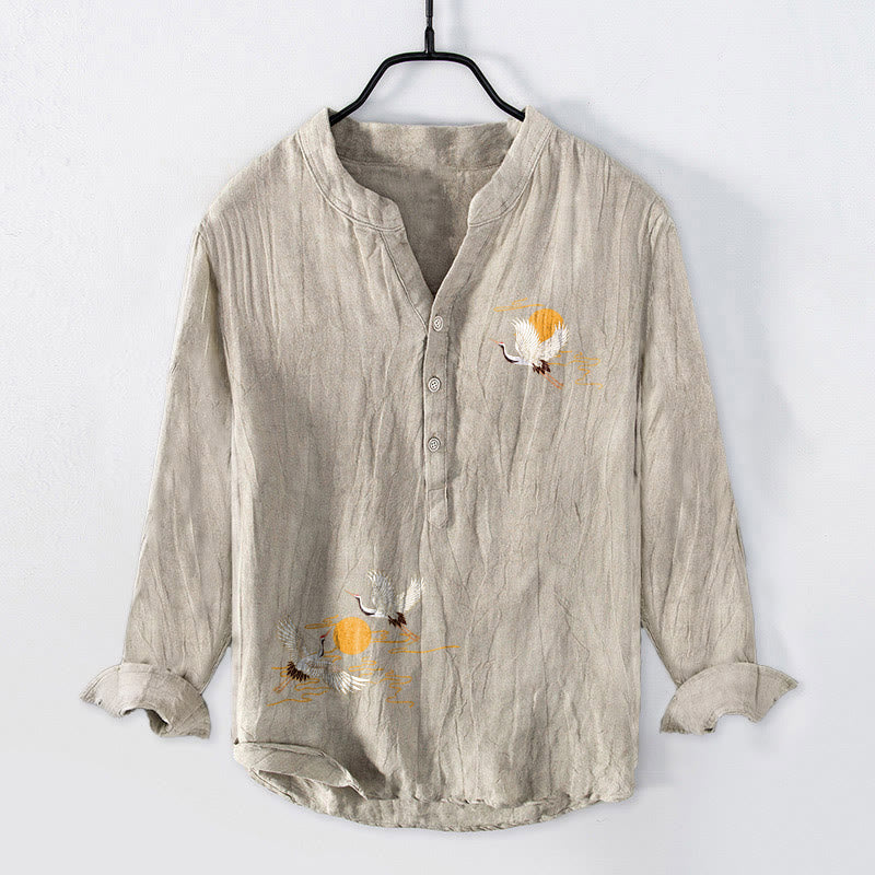 Cotton Linen Stand Collar Crane Print Men's Meditation Shirt
