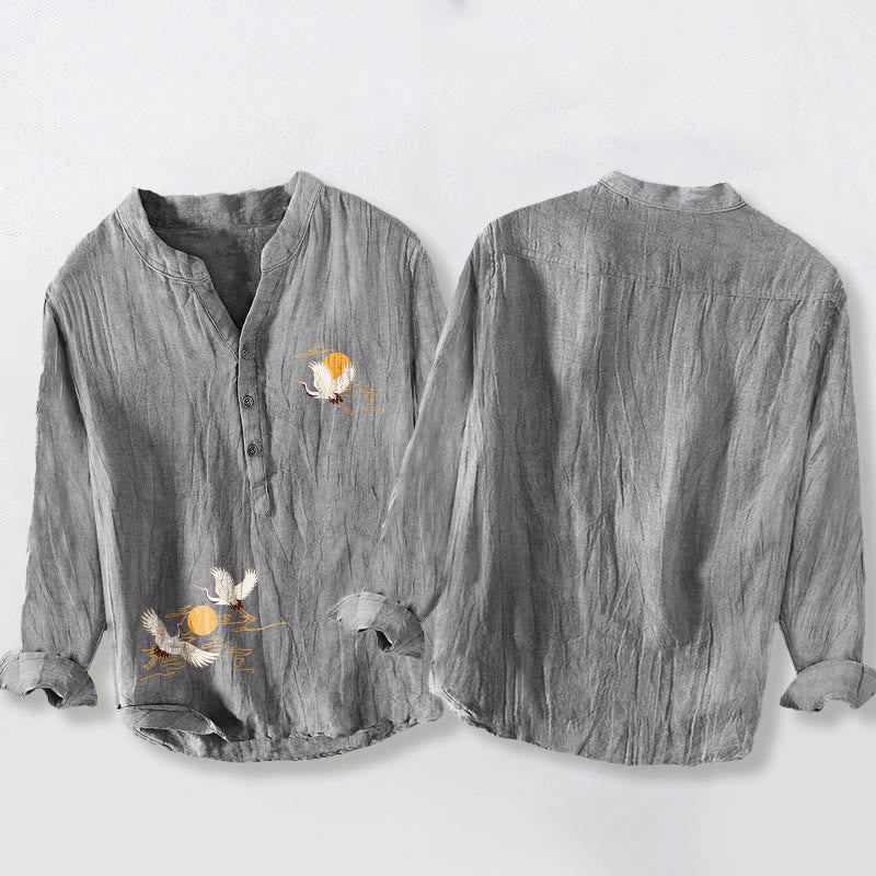 Cotton Linen Stand Collar Crane Print Men's Meditation Shirt