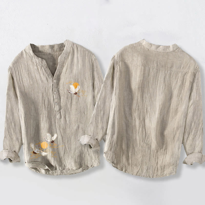 Cotton Linen Stand Collar Crane Print Men's Meditation Shirt
