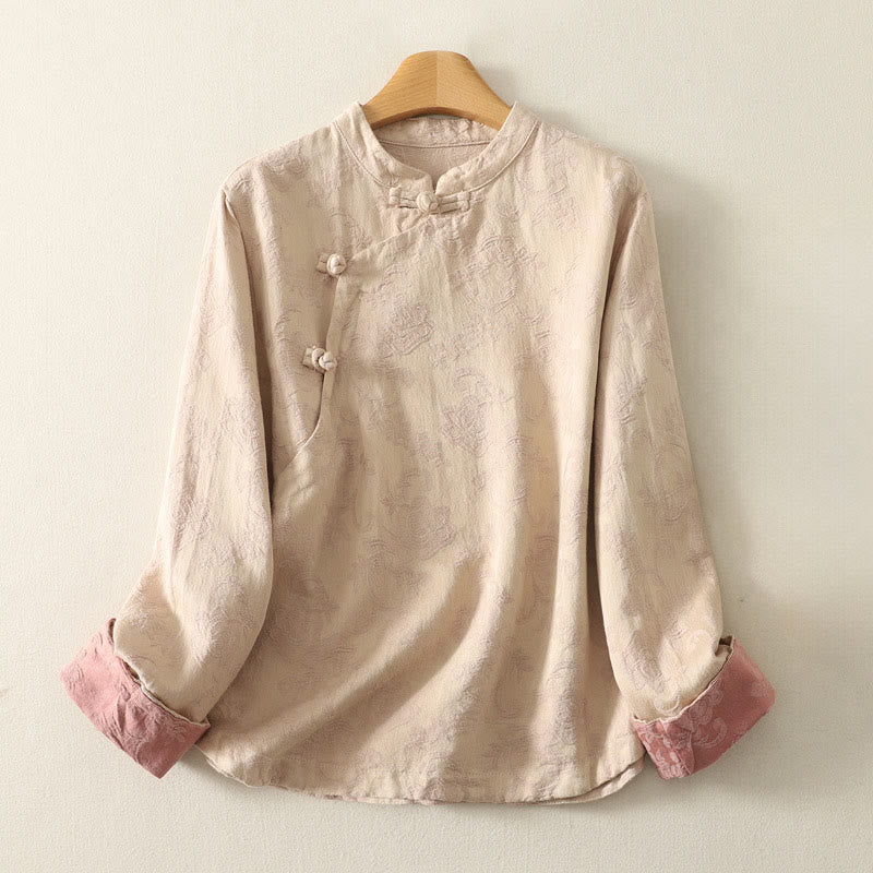 Textured Cotton Stand Collar Long Sleeve Meditation Shirt