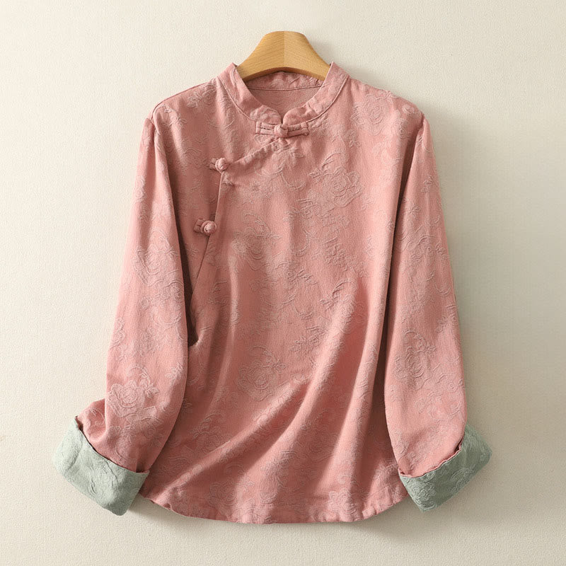 Textured Cotton Stand Collar Long Sleeve Meditation Shirt