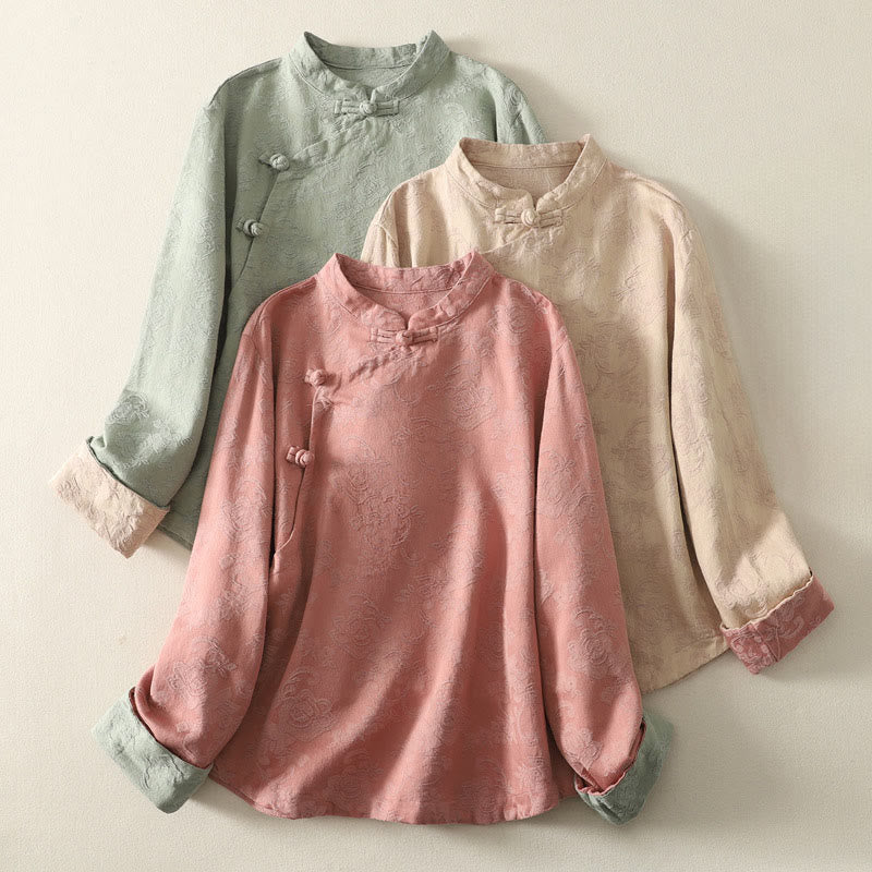Textured Cotton Stand Collar Long Sleeve Meditation Shirt