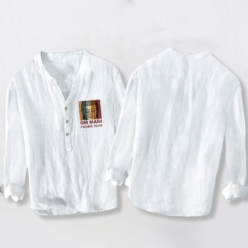 Cotton Linen Stand Collar Mantra Print Meditation Shirt