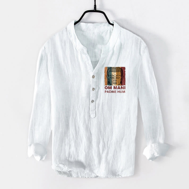 Cotton Linen Stand Collar Mantra Print Meditation Shirt