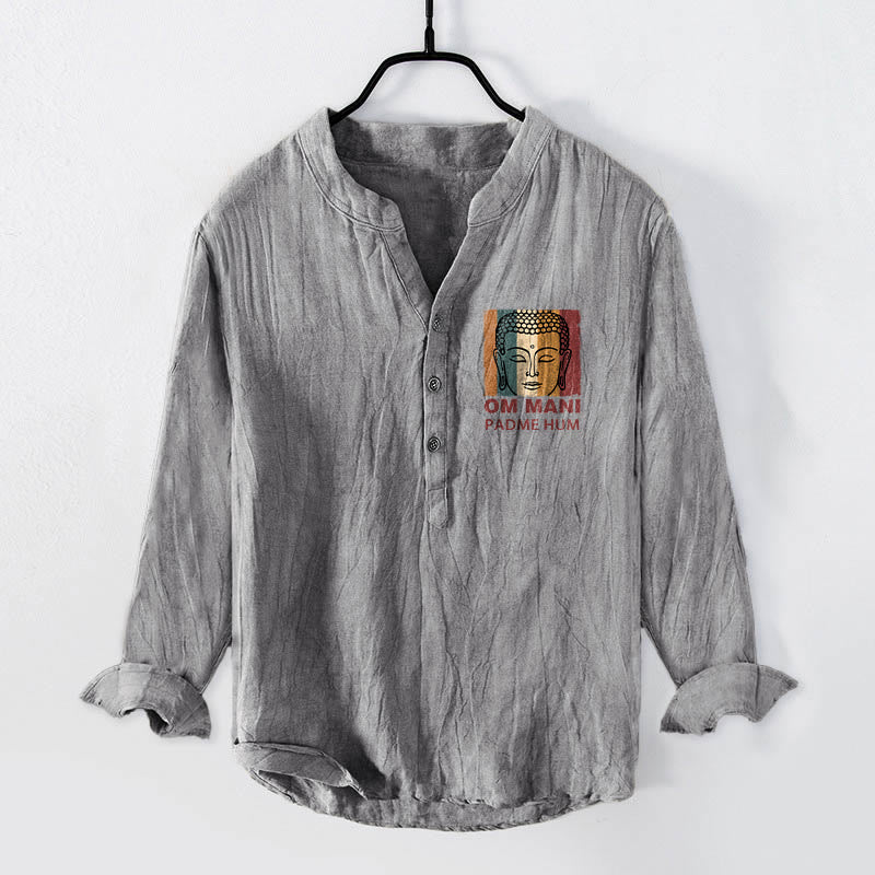 Cotton Linen Stand Collar Mantra Print Meditation Shirt