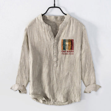 Cotton Linen Stand Collar Mantra Print Meditation Shirt