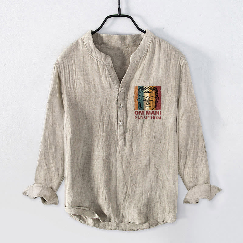 Cotton Linen Stand Collar Mantra Print Meditation Shirt