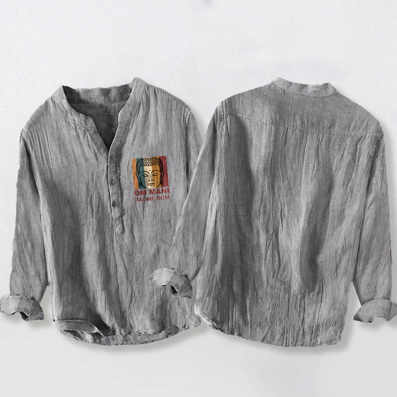 Cotton Linen Stand Collar Mantra Print Meditation Shirt