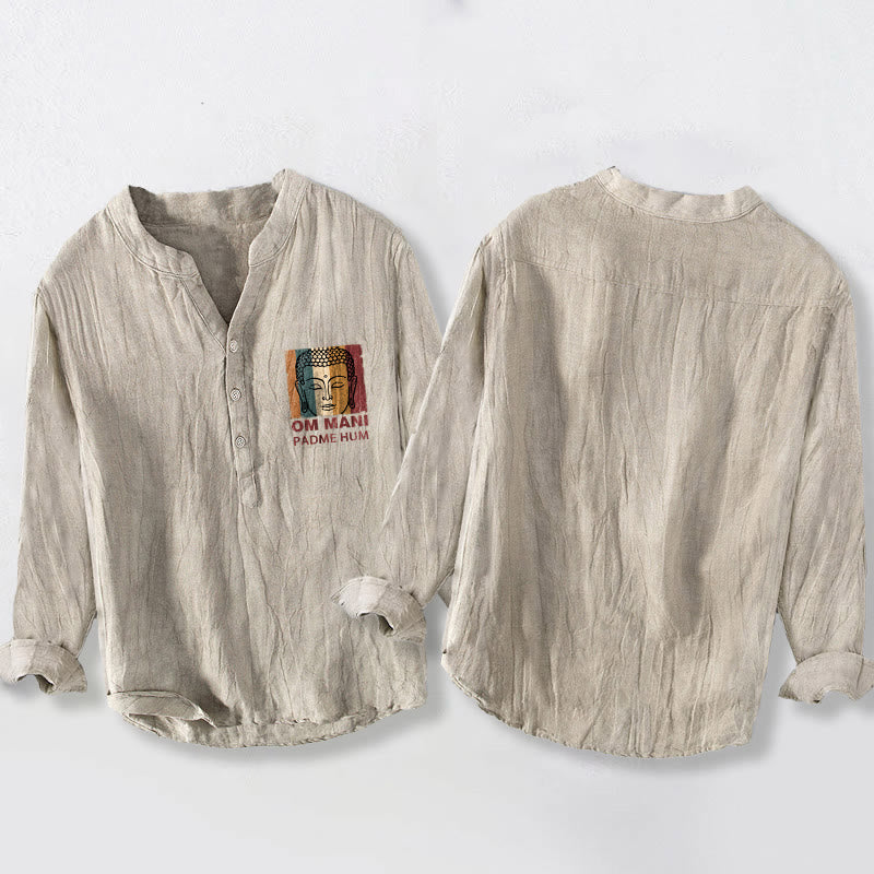 Cotton Linen Stand Collar Mantra Print Meditation Shirt