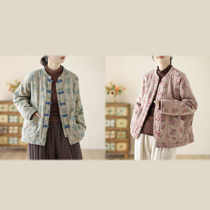 Women's Long Sleeve Thermal Cotton Printed Florwer Pattern Jacket With Pockets