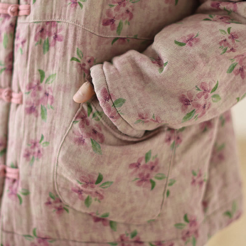 Women's Long Sleeve Thermal Cotton Printed Florwer Pattern Jacket With Pockets