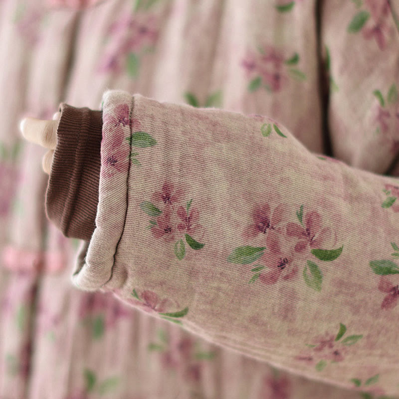 Women's Long Sleeve Thermal Cotton Printed Florwer Pattern Jacket With Pockets