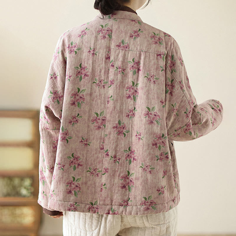 Women's Long Sleeve Thermal Cotton Printed Florwer Pattern Jacket With Pockets
