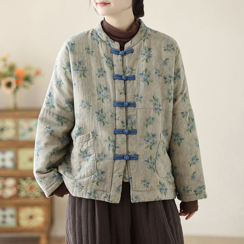 Women's Long Sleeve Thermal Cotton Printed Florwer Pattern Jacket With Pockets