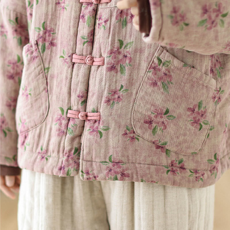 Women's Long Sleeve Thermal Cotton Printed Florwer Pattern Jacket With Pockets