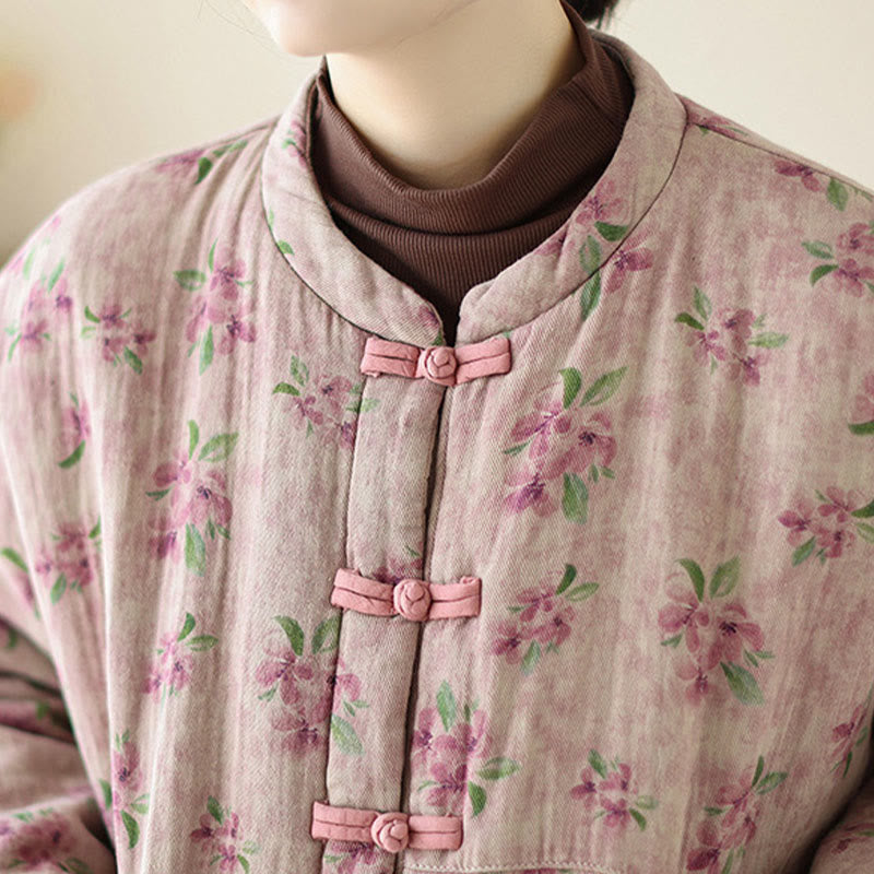 Women's Long Sleeve Thermal Cotton Printed Florwer Pattern Jacket With Pockets