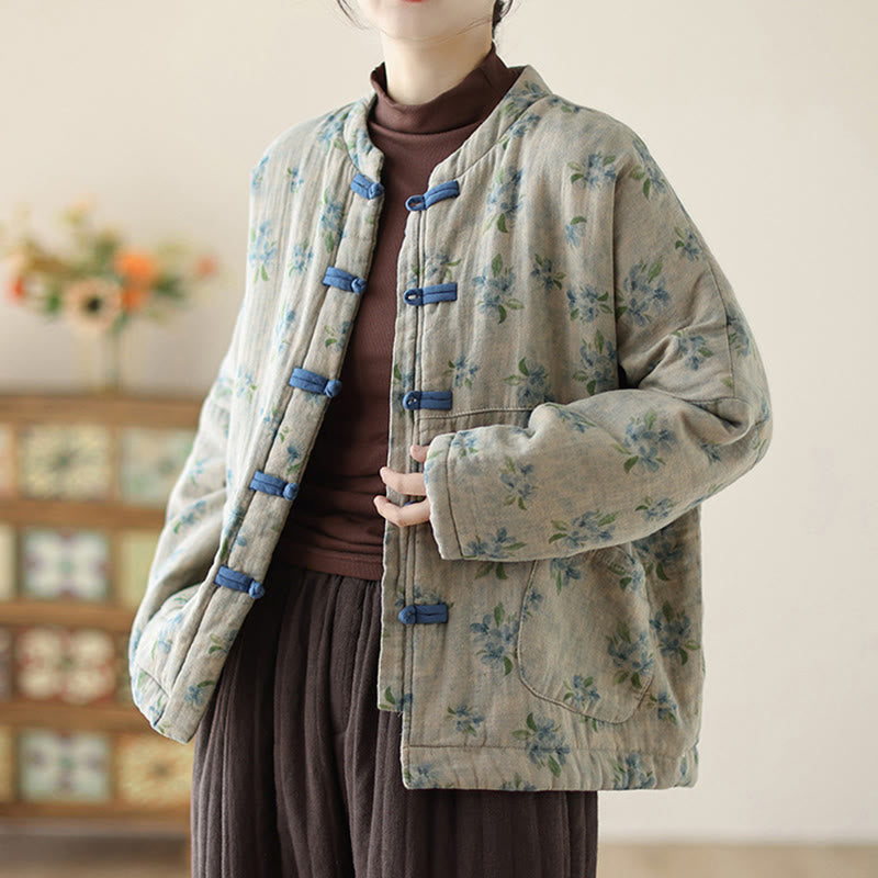 Women's Long Sleeve Thermal Cotton Printed Florwer Pattern Jacket With Pockets