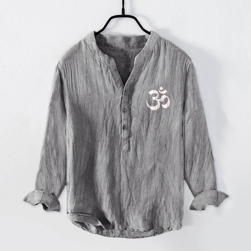 "Namaste I Honor the You" Om Pattern Half Buttons Men's Cotton Linen Long Sleeve Shirt