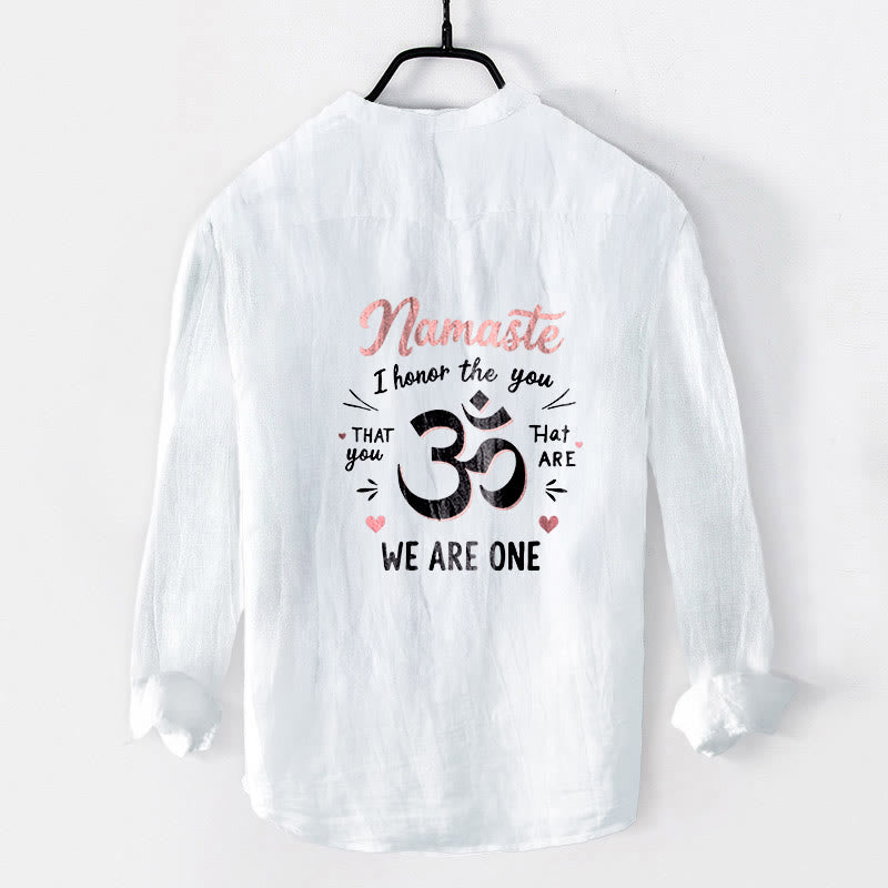 "Namaste I Honor the You" Om Pattern Half Buttons Men's Cotton Linen Long Sleeve Shirt