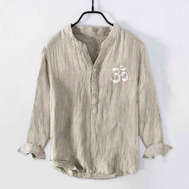 "Namaste I Honor the You" Om Pattern Half Buttons Men's Cotton Linen Long Sleeve Shirt